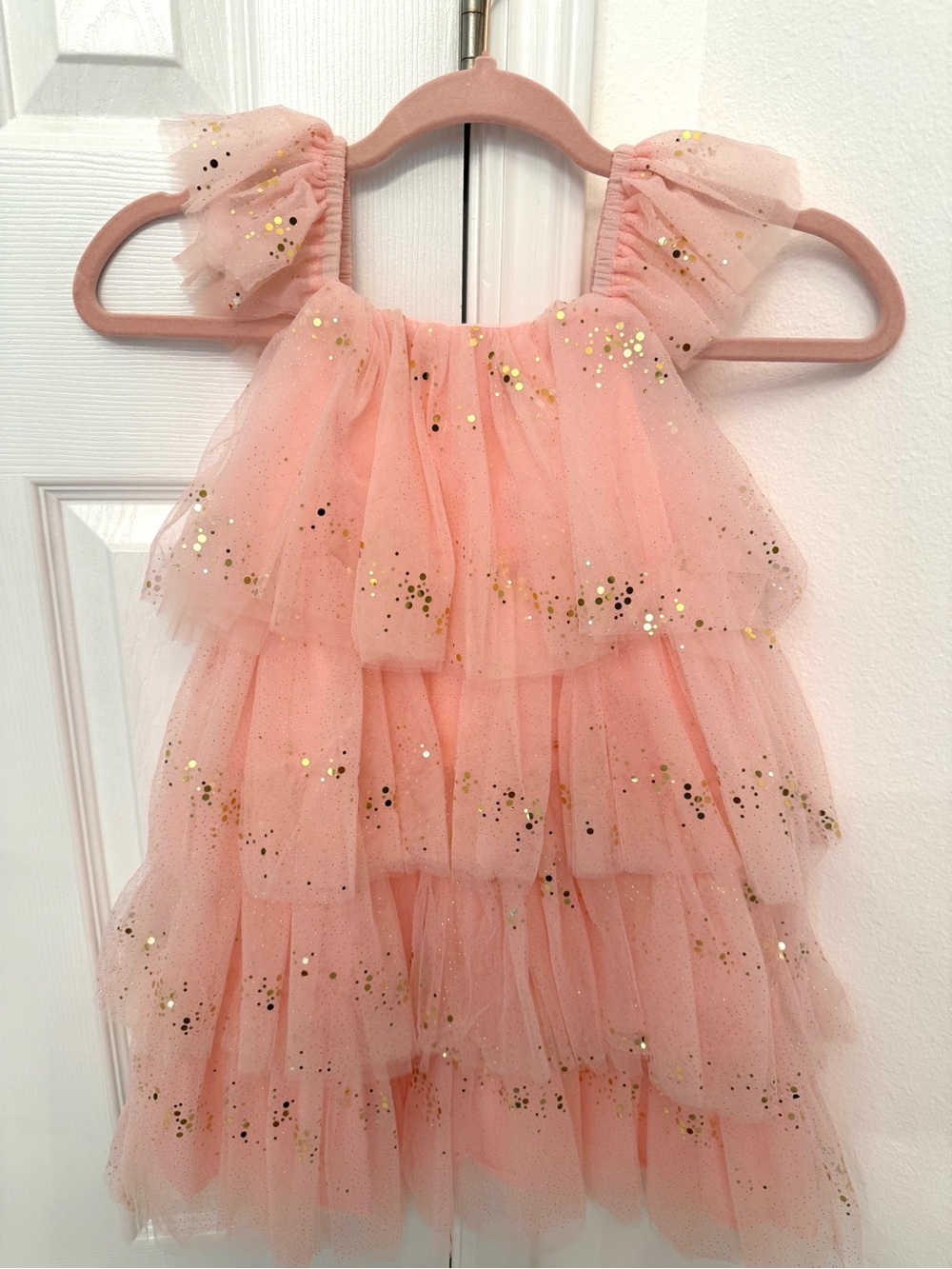 Girls Pink Peach Tulle Ruffle Dress with Gold Glitter